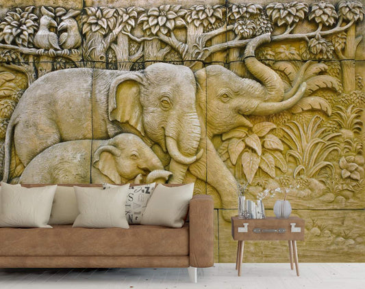 3D Gold Elephant Family Wall Mural Wallpaper