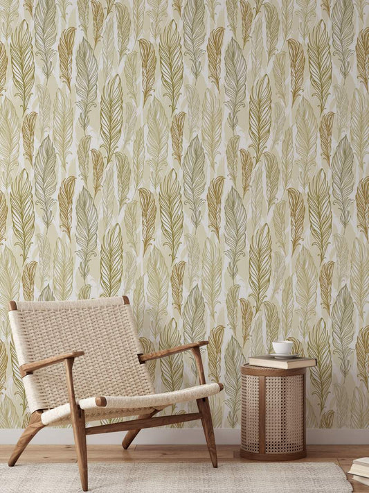 Stylish Trendy Beige Feathers Hand Drawn Wallpaper Rolls