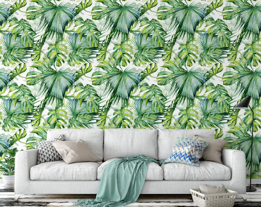 Watercolour Jungle Tropical Leaves Hand Painted Wallpaper Rolls