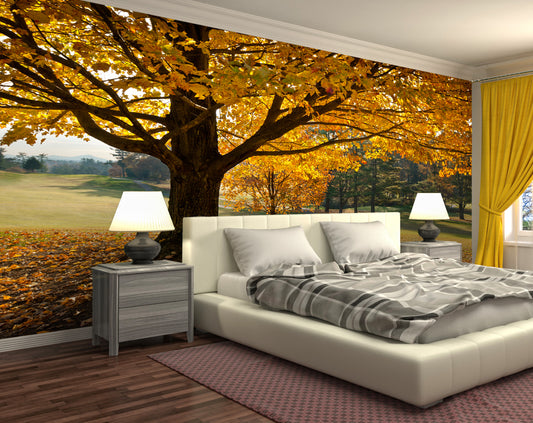 Bedroom - Yellow Leaves Tree Custom 3D Wallpaper