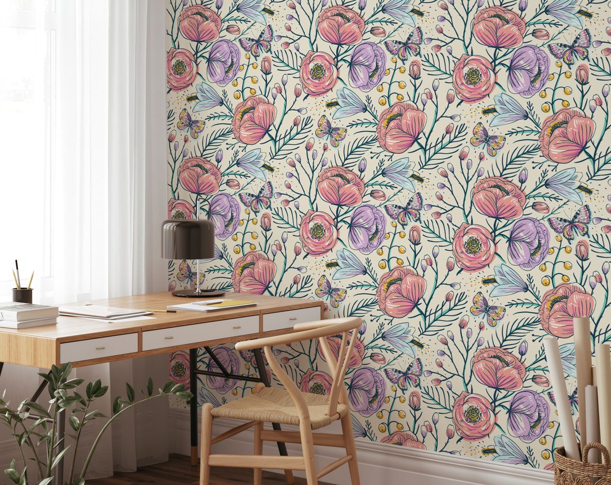 Colorful Floral & Butterflies Bedroom Wallpaper