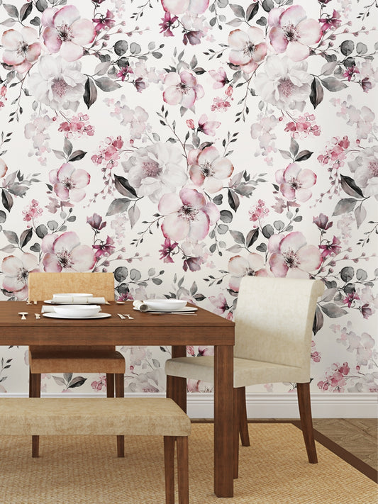 Watercolour Pink Flowers And Leaves Wallpaper For Living Room