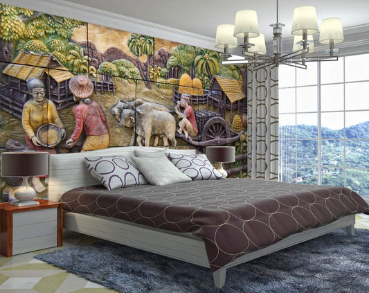 3D Wall Mural Village sculpture Art Wallpaper