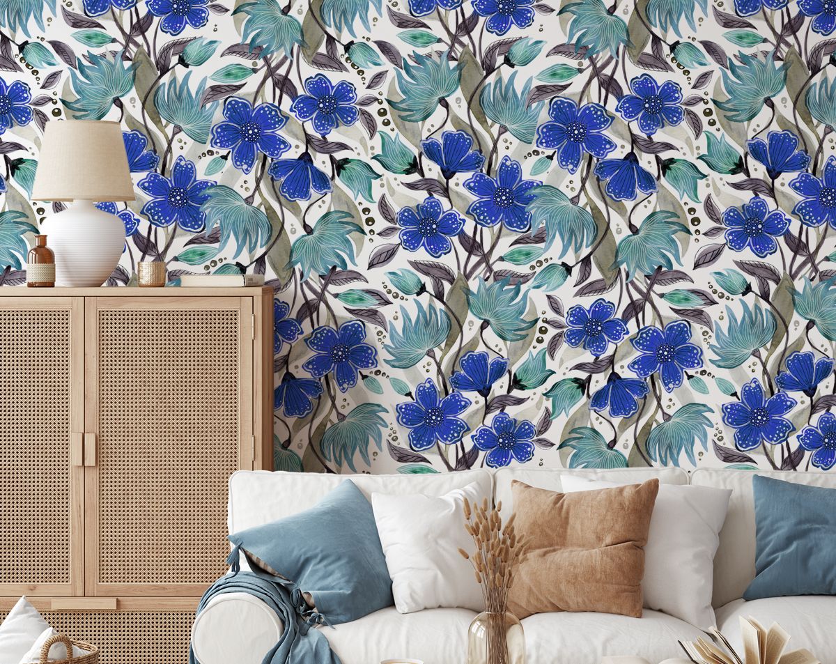 Navy Blue Flowers and White Watercolor Floral Wallpaper