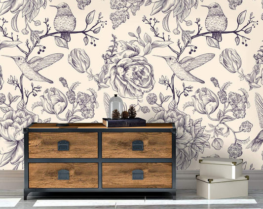 Hummingbirds Sketch Wall Art Wallpaper Birds Wallpaper Rolls