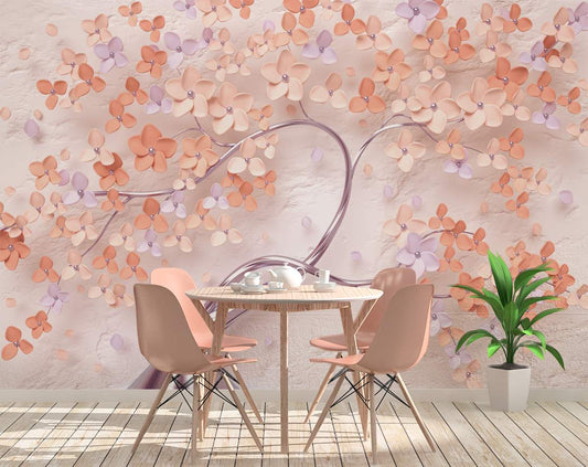 3D Rose Pink Flower and Tree Mural Wallpaper