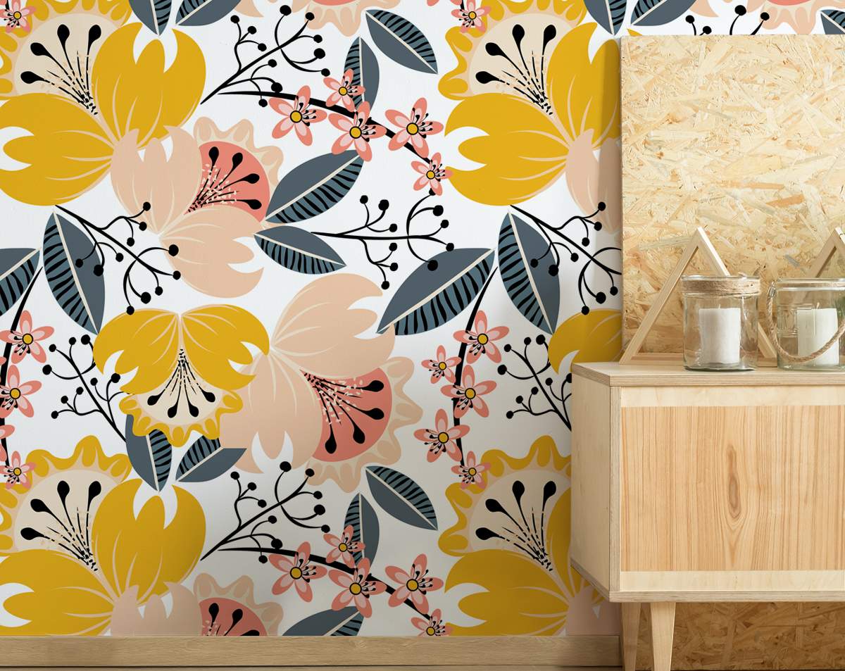 Yellow and Beige Color Flowers and Leaves Wallpaper Rolls