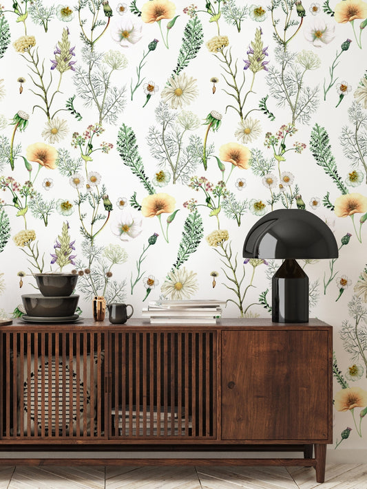 Hand Drawn Wild Flowers Botanical Wallpaper Wall Design