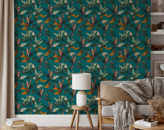 Tropical Plants Over A Teal Background Wallpaper