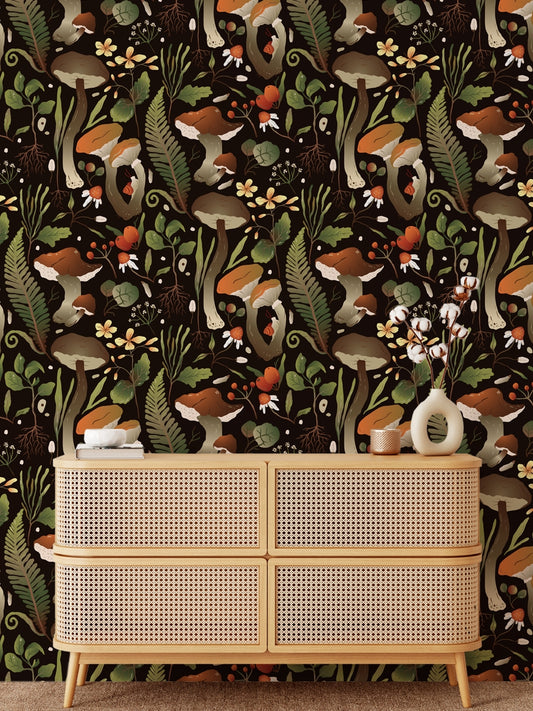 Vintage Mushrooms Forest Wallpaper