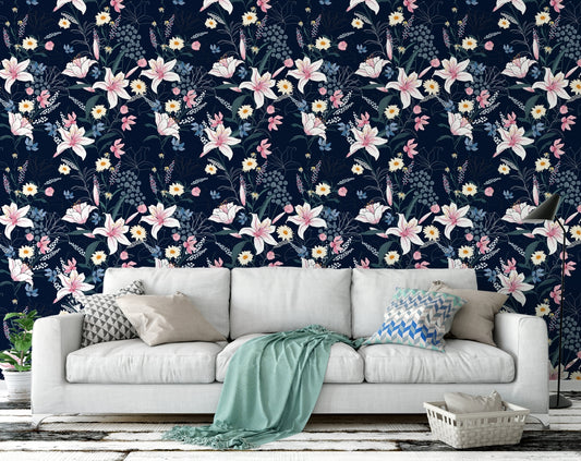 Pink Lily Flowers on Dark Blue Background Wallpaper