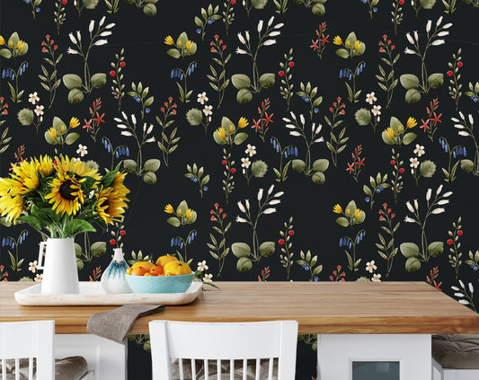 Forest Flowers Wall Design Wildflowers and Berries Dark Botanical Retro Wallpaper