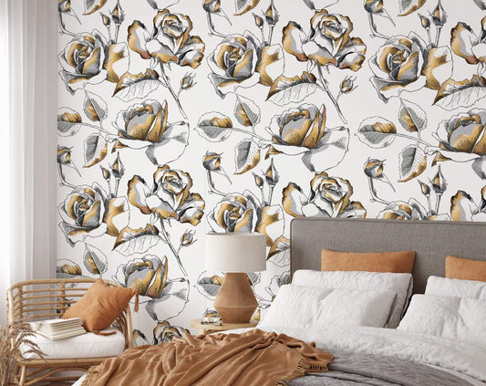 Luxury Golden Rose Floral Wallpaper Rolls