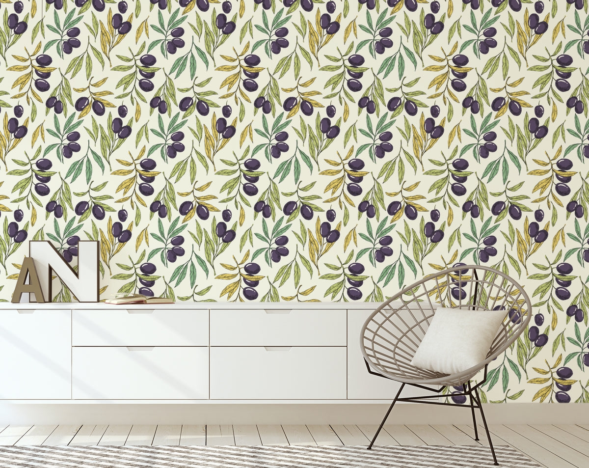 Beautiful Olive Tree Branches Eco Botanical Hand Drawn Leaves Wallpaper