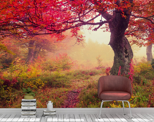 Pink Floral And Tree Forest Wallpaper