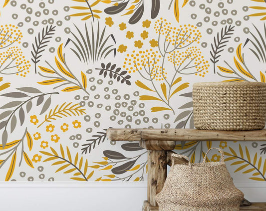 Botanical Artistic Yellow and Grey Floral Wallpaper Roll