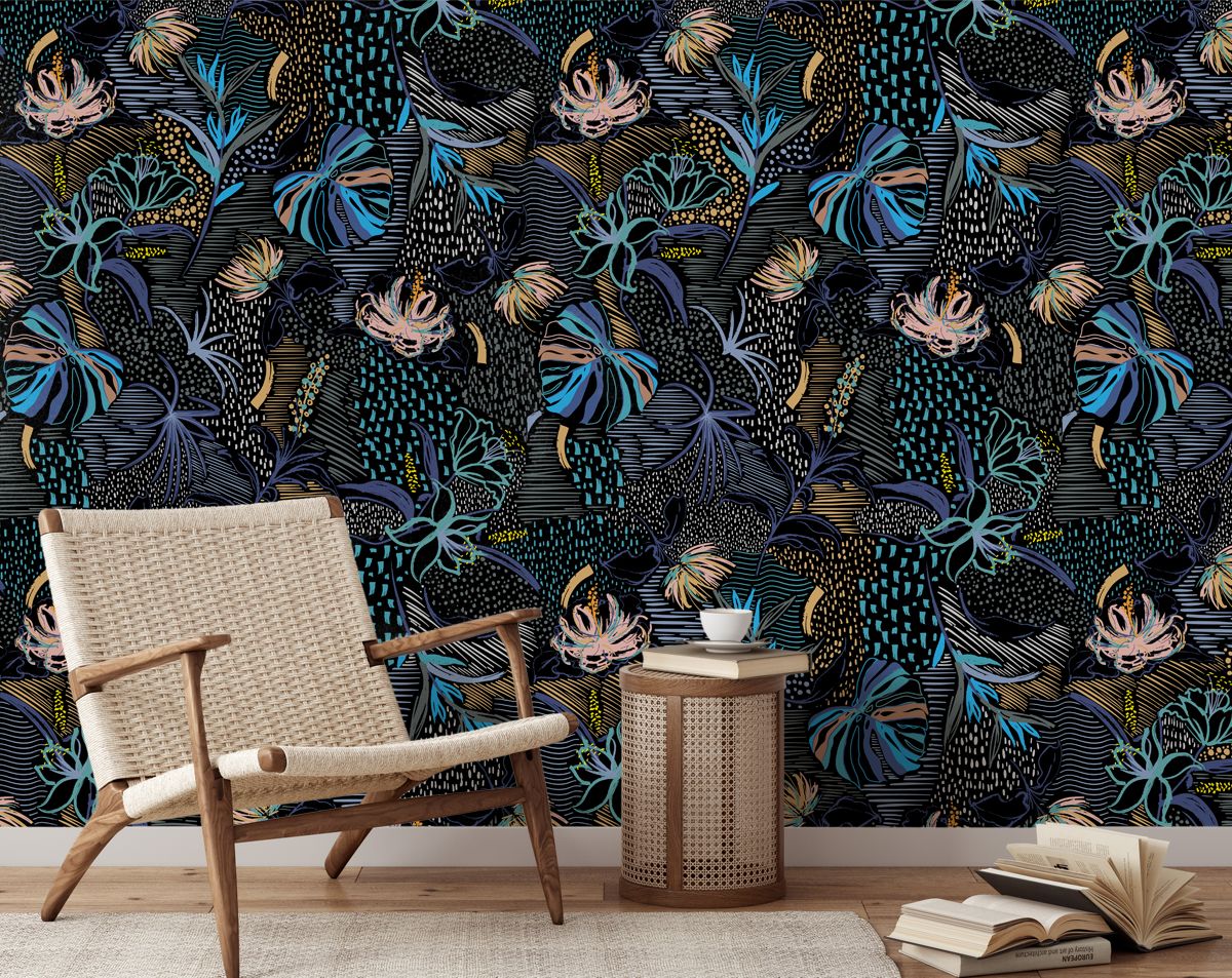 Abstract Botanical Tropical Palm Forest Wall Design Hand Drawn Flower Wallpaper
