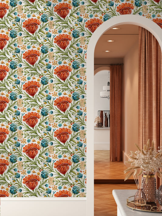 Hand Painted Red Flowers Motif Pattern Trendy Wallpaper