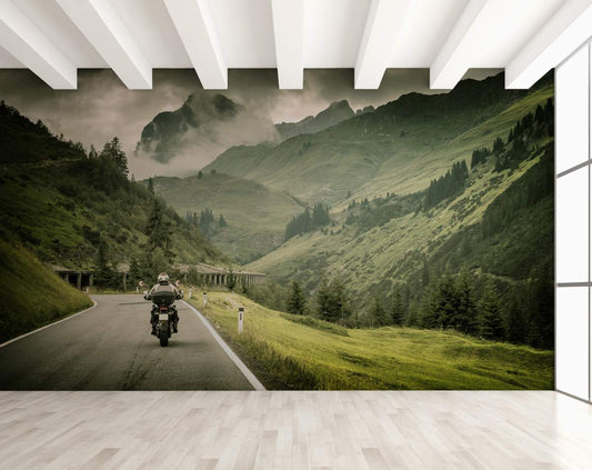 Foggy Mountain With Biker Wallpaper