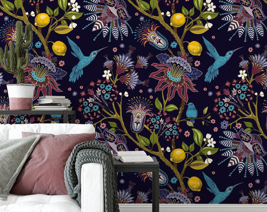 Blue birds and flowers background Wallpaper