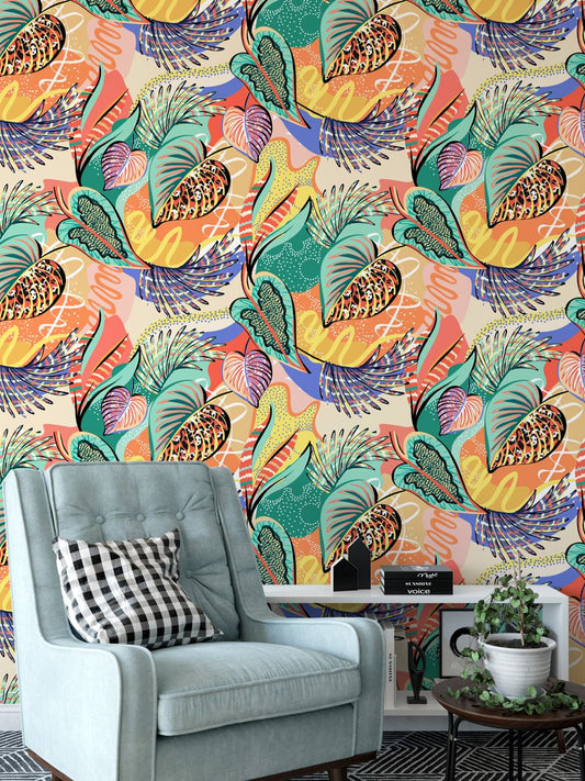 Abstract Tropical Leaves Color Wallpaper Rolls
