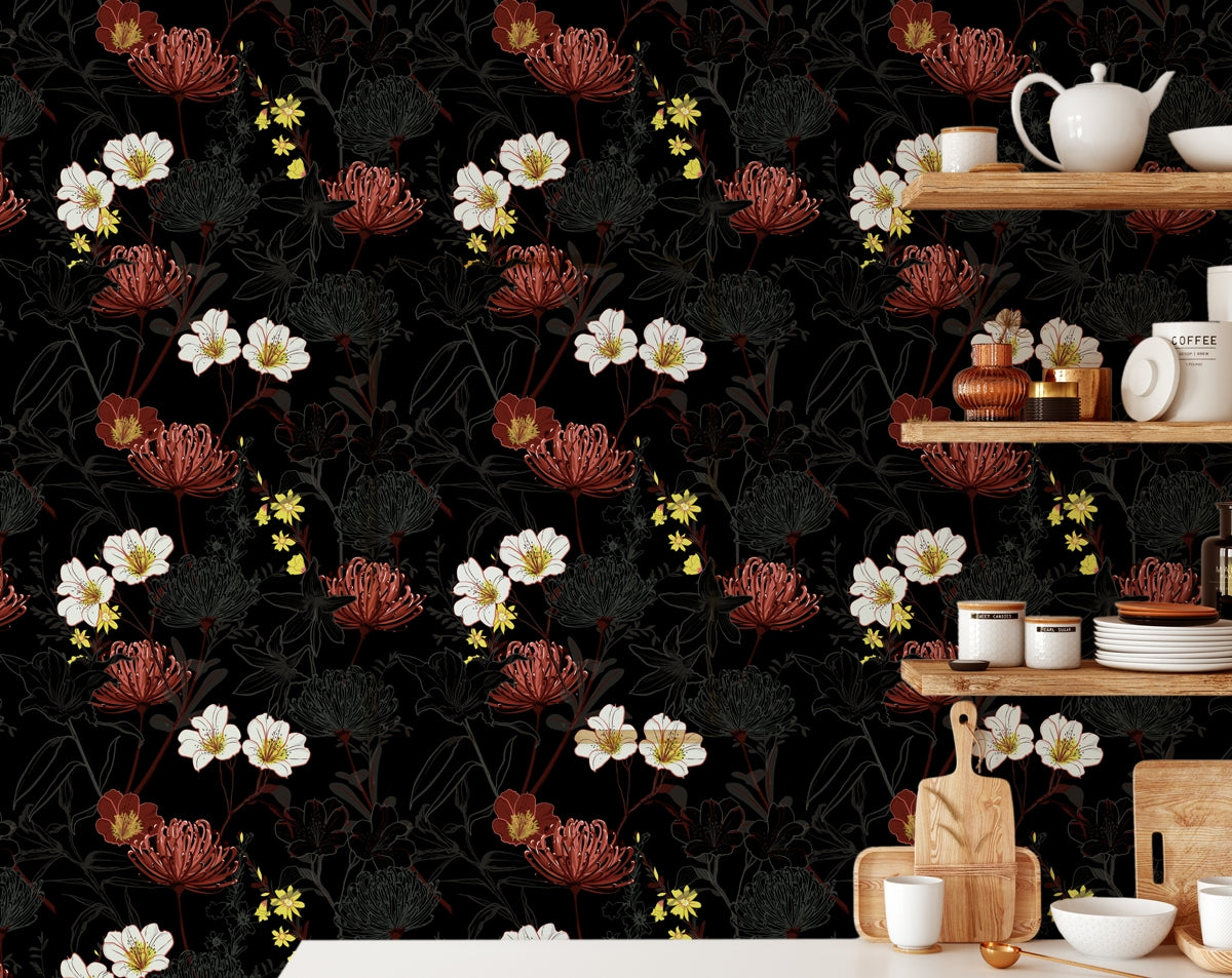 Dark Botanical Blooming garden Wallpaper