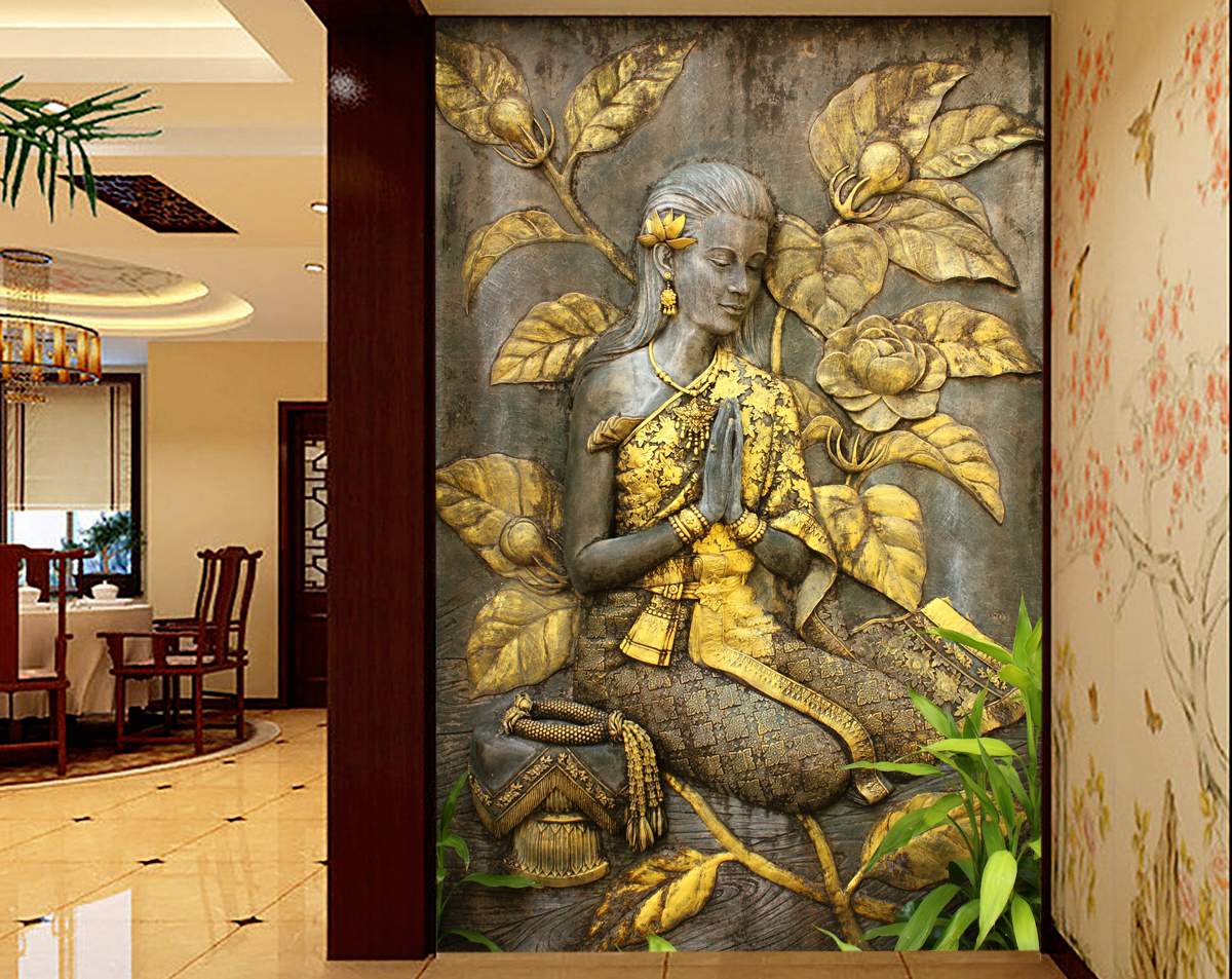 Golden Flowers And Woman Sitting 3D Wall Mural
