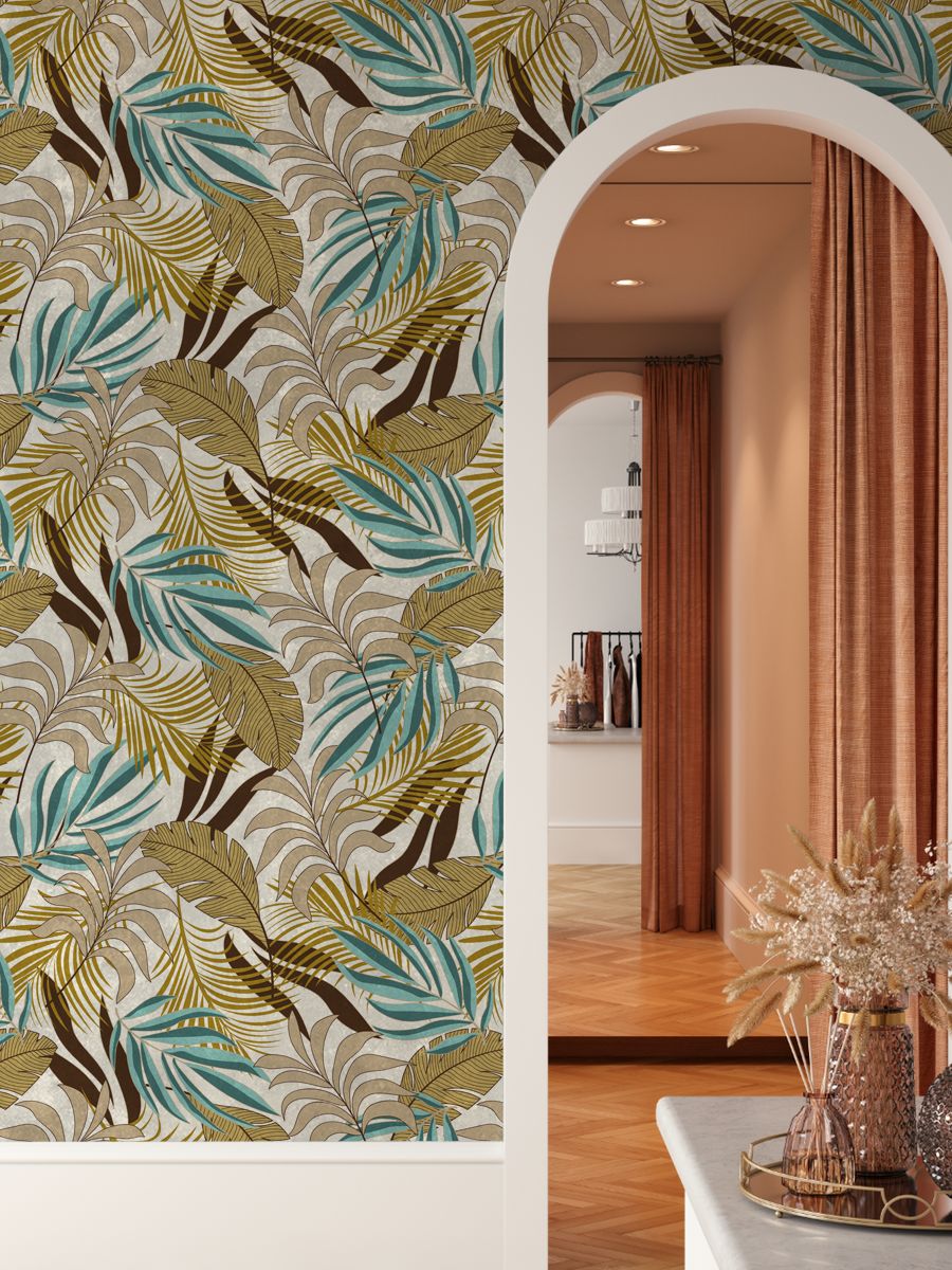 Light Yellow Wallpaper With Exotic Green Leaves, Tropical Wallpaper