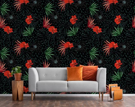 Red Flowers Decorative Tropical Palm Leaves Design Wallpaper
