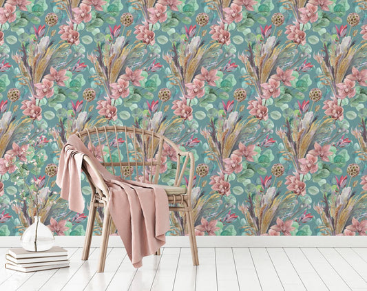 Rainforest Escape Green Pink Flowers Wallpaper