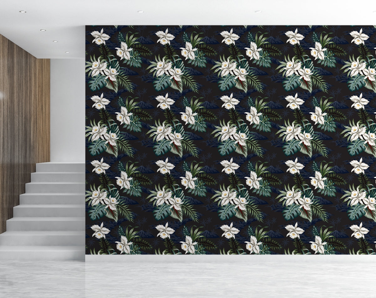 White Orchid Flower and Palm Leaves Floral Wallpaper