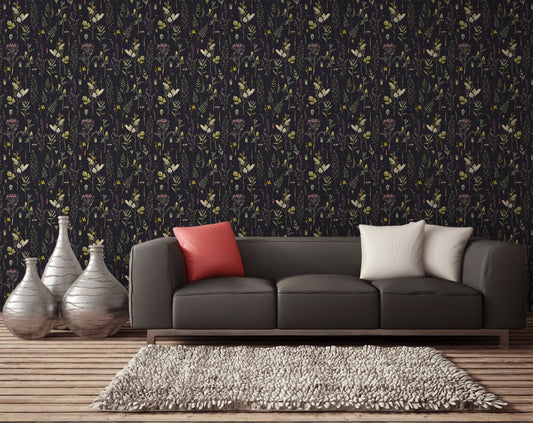 Wild flowers dark floral wallpaper