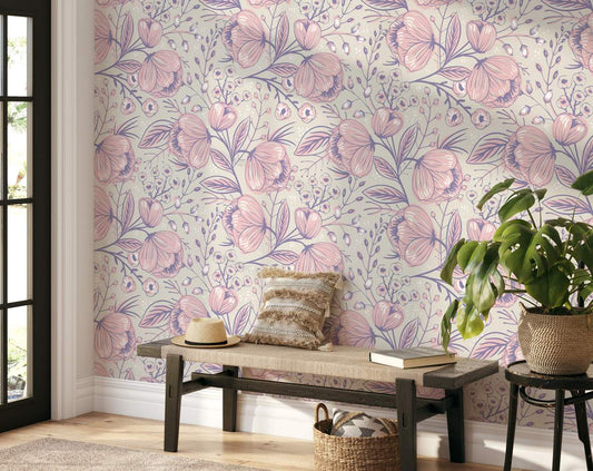 Hand Drawn Roses and Berries Wallpaper Roll