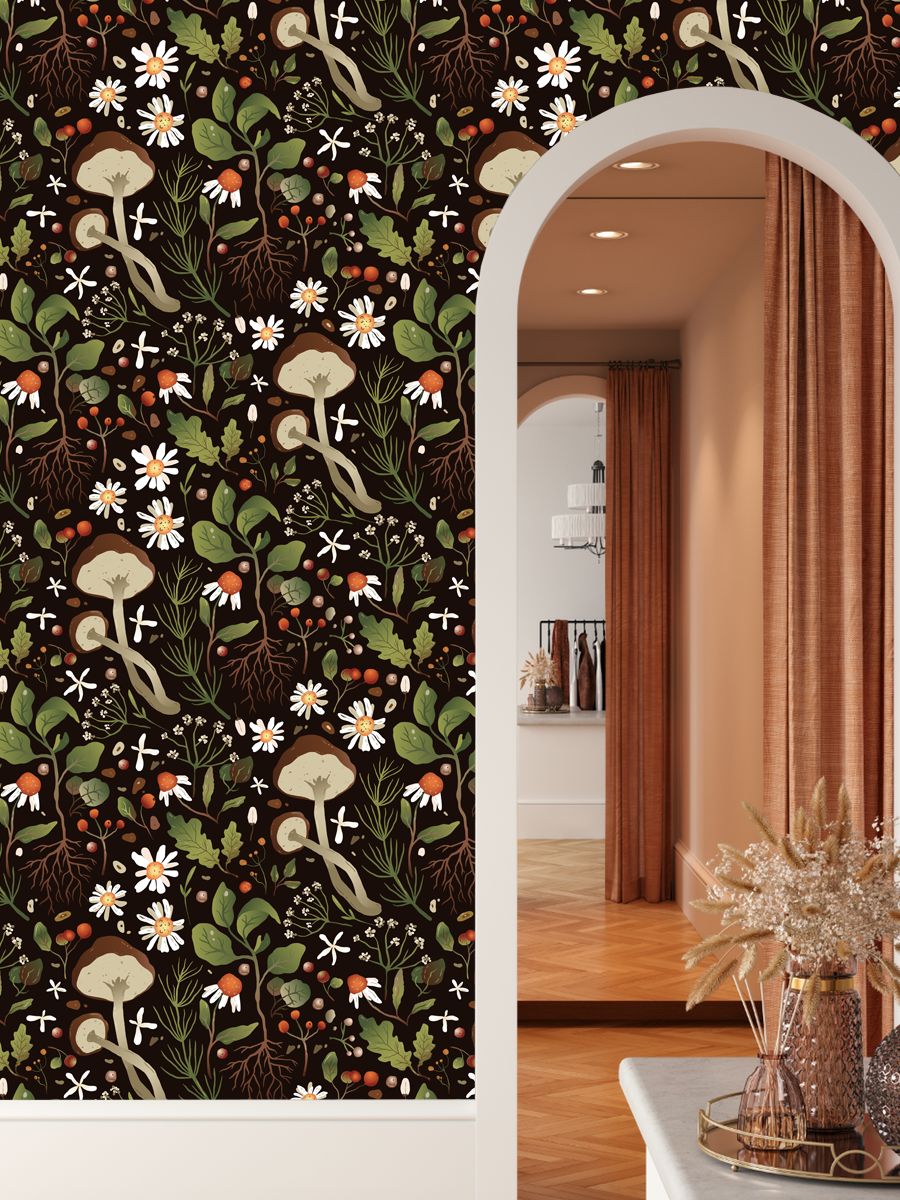 Mushroom Pattern Wall Decor, Dark Wallpaper – Home Decoram