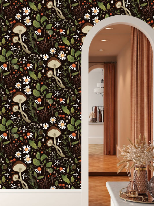 Mushroom Pattern Wall Decor, Dark Wallpaper