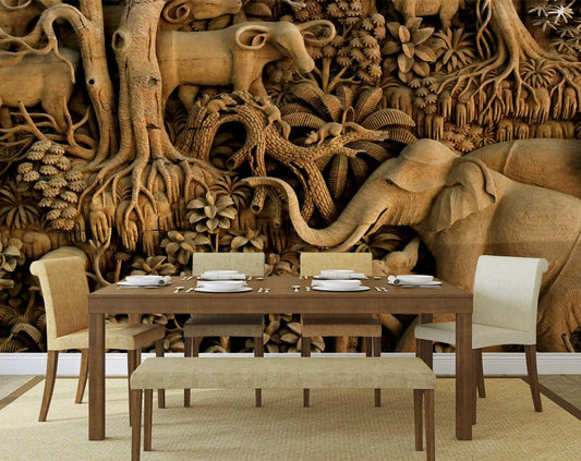 Wooden Art wallpaper, Jungle Animals 3D Wall Mural