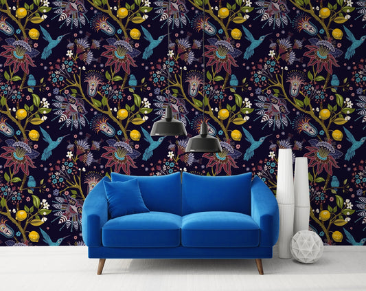 Blue birds and flowers background Wallpaper