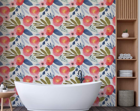 Red Flower And Leaves Botanical Wallpaper Rolls For Bedroom And Living Room