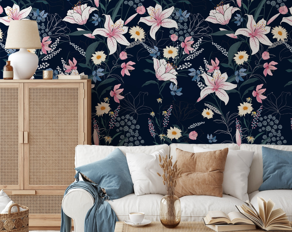 Pink Lily Flowers on Dark Blue Background Wallpaper  Home Decoram