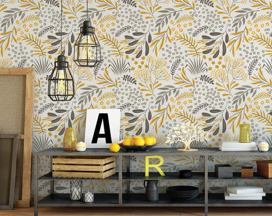 Botanical Artistic Yellow and Grey Floral Wallpaper Roll