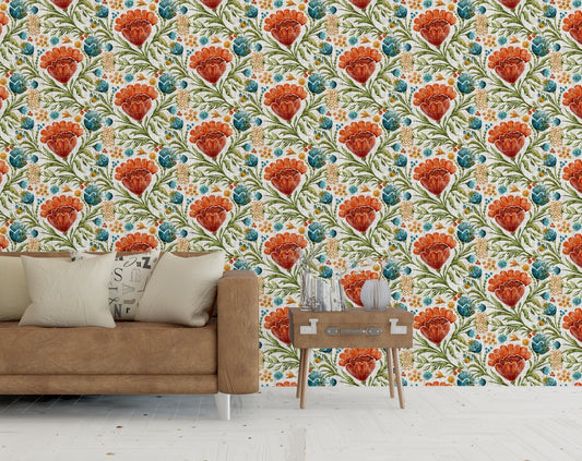 Hand Painted Red Flowers Motif Pattern Trendy Wallpaper