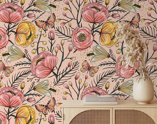 Vintage Flowers and Butterflies Home Wall Decoration Wallpaper