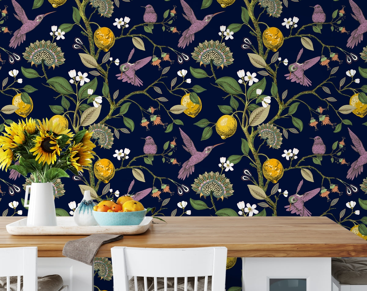 Dark navy blue Botanical Wallpaper