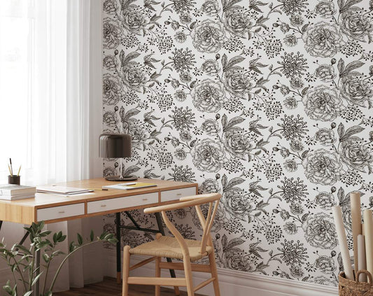Peonies and Roses Floral Black Flowers Leaves Wallpaper Rolls