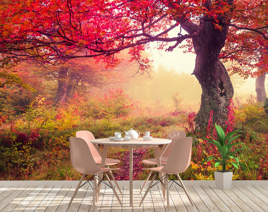 Pink Floral And Tree Forest Wallpaper