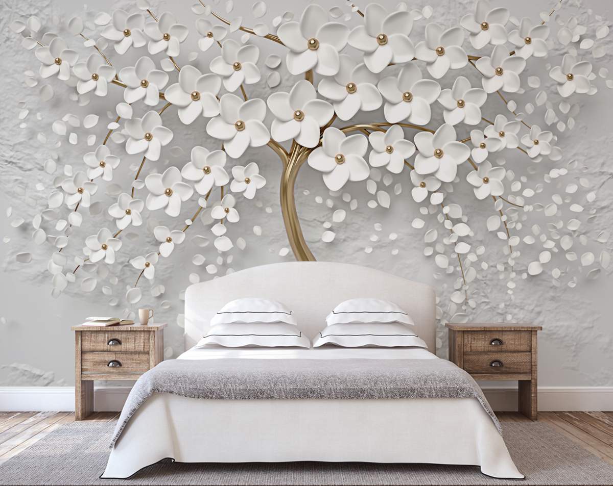 3d Golden tree and white flowers wallpaper | Living room wallpaper ...