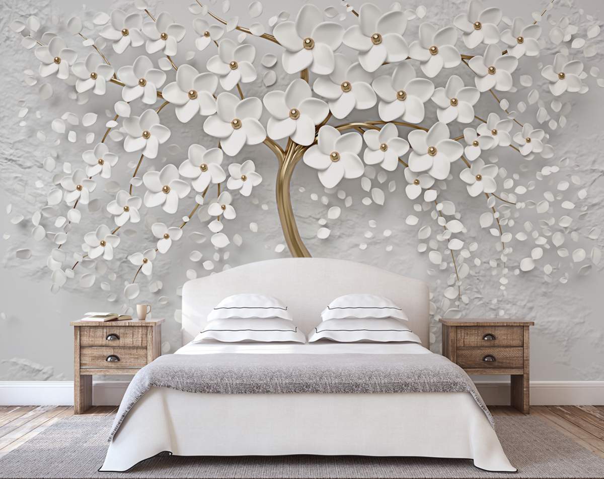 3d Golden tree and white flowers wallpaper | Living room wallpaper ...