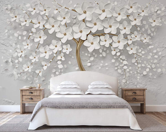 3d Golden tree and white flowers wallpaper | Living room wallpaper for walls