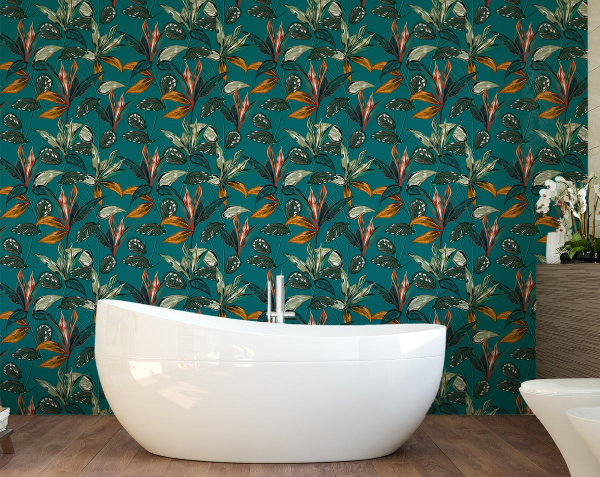 Tropical Plants Over A Teal Background Wallpaper