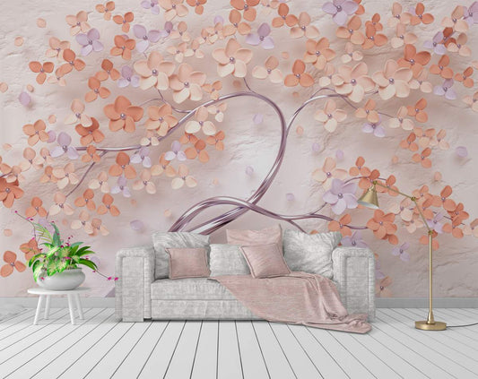 3D Rose Pink Flower and Tree Mural Wallpaper